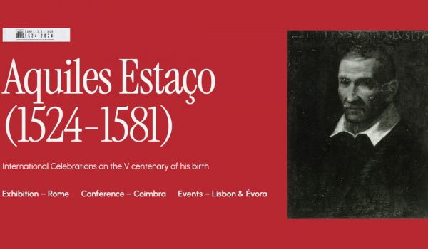 Banner con ritratto di Achille Stazio e scritta Aquiles Estaço (1524-1581)