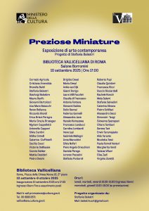 Locandina della mostra collettiva di arte contemporanea "Preziose miniature", con sfondo giallo e scritte blu