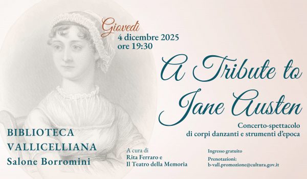 Banner dell'evento "A Tribute to Jane Austen" con ritratto a stampa di Jane Austen sullo sfondo
